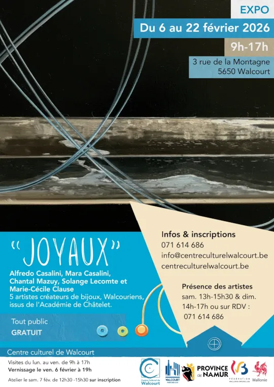 Affiche de l'exposition "Joyaux" à Walcourt. Les artisans présenteront leurs créations au centre culturel de Walcourt du 6 au 22 février.